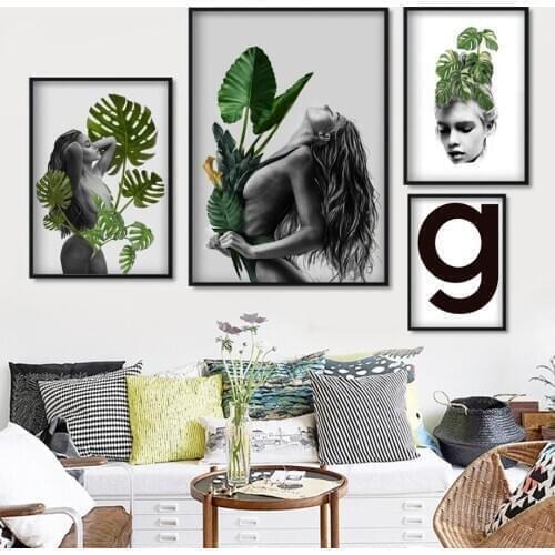Sexy Girl Monstera Leaves Plant Figure Wall Art Canvas Painting Nordic Posters And Prints Wall Pictures For Living Room Decor
