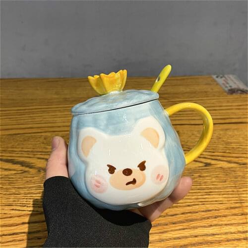 Ins Korean Cute Cartoon Breakfast Creative Water Cup Ceramic Cup for Girl Students Mug with Lid and Spoon Coffee Mug with Lid