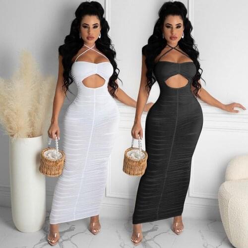 Adogirl Summer Sleeveless Ruched Bodycon Dress Women Sexy Evening Clubwear Skinny Solid Maxi Dresses Fashion Streetwear 2021