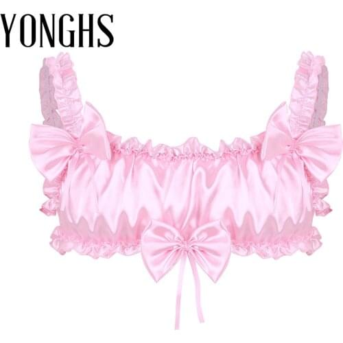 Mens Lingerie Sissy Bra Top Smooth Soft Satin Ruffled Frilly Elastic Wide Shoulder Straps Backless Wire-free Erotic Hot Bra Top