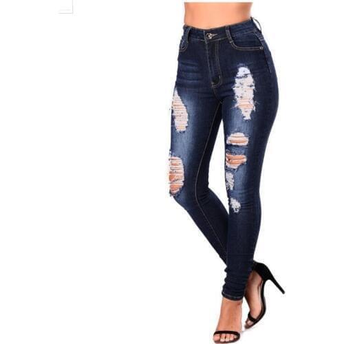 New Denim Cotton Ripped Holes Female Jeans Soft Breathable Skinny Pencil Pants Summer Blue Casual Trousers Size S-XXL AL181009