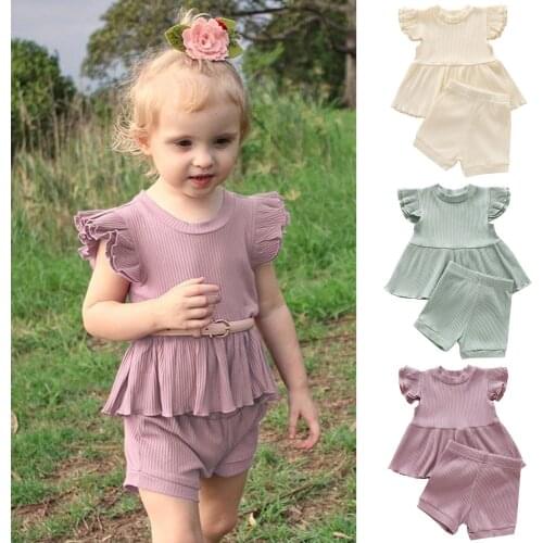 6M-5T) Childrens suit summer simple frill flying sleeve solid color pit striped top + shorts suit multi-color детская одежда