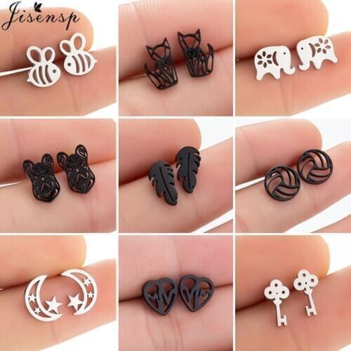 Punk Black Stainless Steel Stud Earrings for Women Men Hip Hop Jewelry Small Leaf Bee Dog Umbrella Key Earing Bulk Pendientes