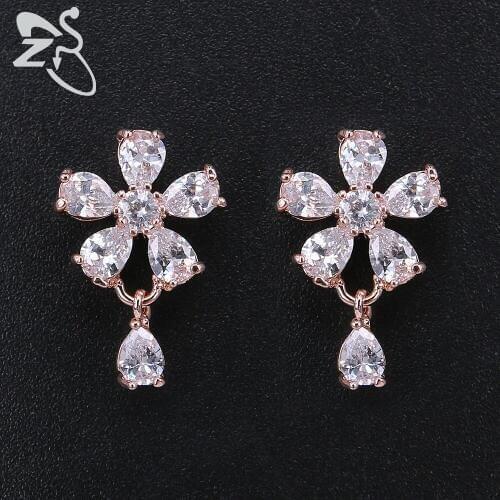 ZS Copper Flower Stud Earring Cubic Zirconia Crystal Pendant Piercing Cartilage Ear Studs Jewelry For Women Female Wedding Party