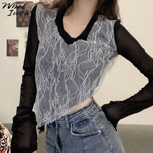 Mesh See Through Stretchy Sexy V Neck Tshirts Woman Party Club Crop Top Long Sleeve Autumn Shirts Female Streetwear Outfit