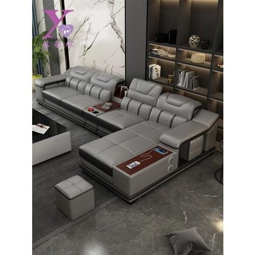 Modern minimalist sofa, cow leather living room, large and small units, northern European style furniture combination