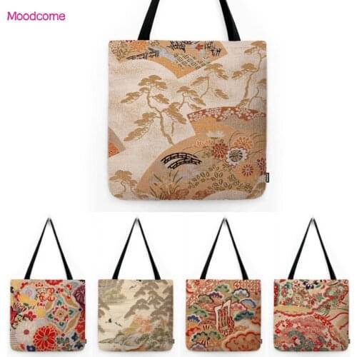 Traditional Japanese Embroidery Beautiful Scenery Plant Birds Red Classic Tote Bag Cotton Linen Fashion Shopper Shoulder Bag