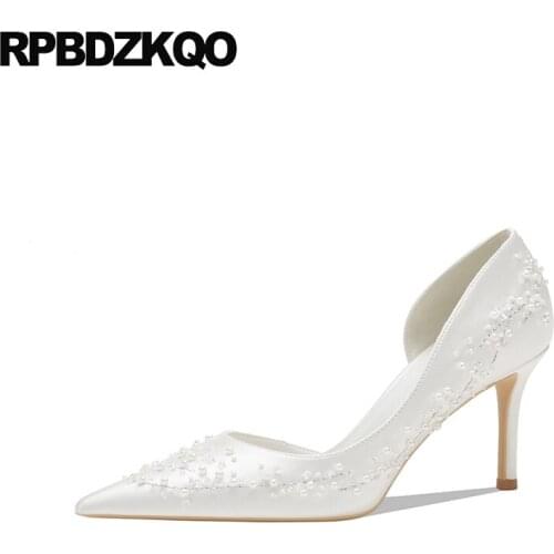 White Ivory Girls Beaded Wedding Shoes Pointed Toe Bride Bridesmaid D'orsay Stiletto Handmade Women High Heels Satin Pumps Pearl