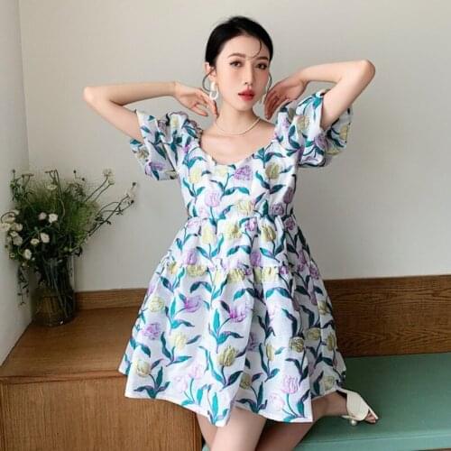 Vintage Jacquard Puff Sleeve Backless Babydoll Dress 2021 Elegant Summer Ball Gown Square Neck Kawaii Mini Dress Women