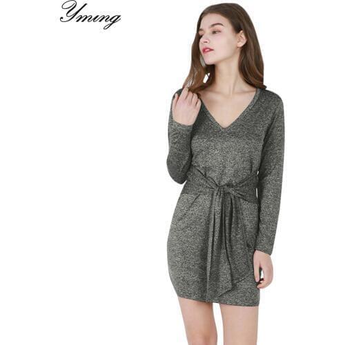 YMING Autumn Elegant Women Dresses Long Sleeve Ladies Shirt Dress Party Sashes Dress V Neck Beach Vintage Dress Woman Clothes