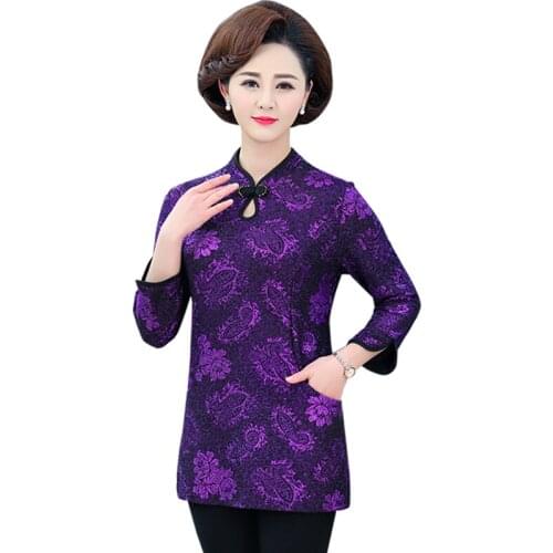 Chinese Style Middle Age Women Long Sleeve T-Shirt Spring Autumn Mother Clothes 2021 Bottom Shirt Tops Slim Pullovers