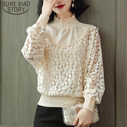 2021 Autumn Long Sleeve Lace Women Shits Hollow Out Blouse Women Solid Top Female Womens Clothing Fashion Blouses Woman 5432 50