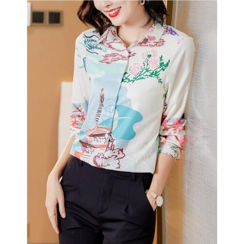 Long-sleeved shirt women 2021 spring and autumn new high-quality retro ink painting print top