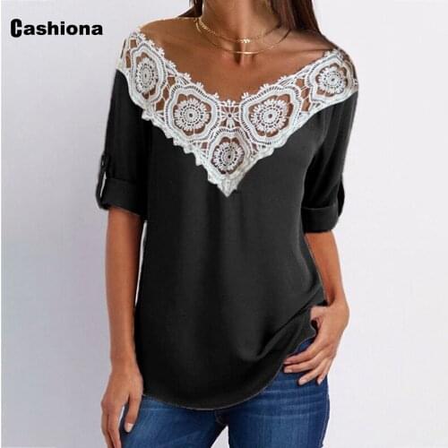 Women Three Quarter Sleeve Shirt V-neck Blouse Ladies Elegant Fashion 2021 Summer New Patchwork Lace Top Sexy Femme Clothing