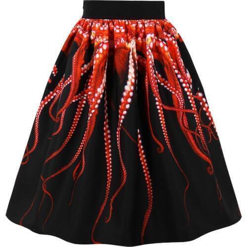 Womens Digital Print High Waisted Midi Party Skirt Vintage A-Line Pleated Skater Skirts