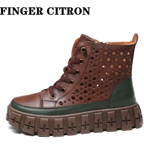 Finger Citron Women Chelsea Anckle Boots Genuine Cow Leather For Summer Platform Round Toe Rubber Outsole By Handmade Size 35-41