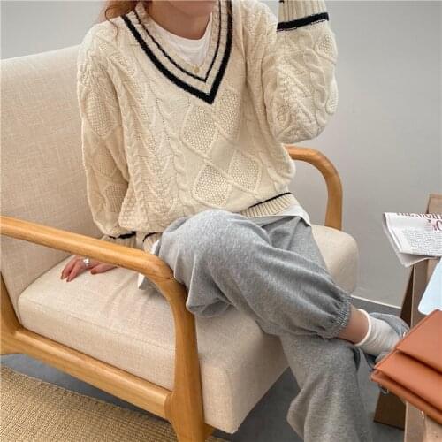 Women Black Twist Knitted Sweater Sungtin Vintage V Neck Pullovers Casual Warm Solid Loose Jumpers Korean Chic Preppy Harajuku