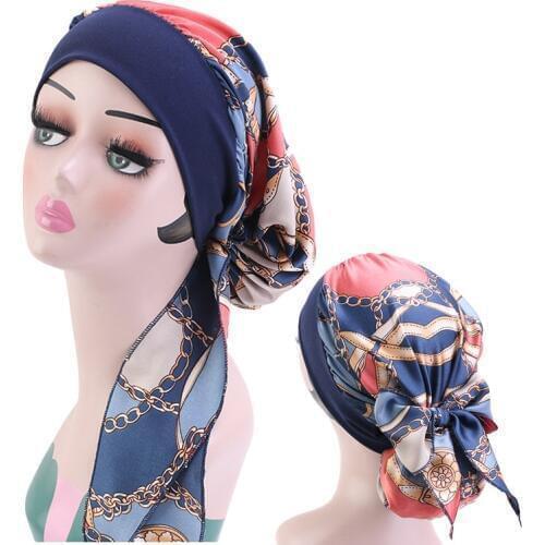 Womens Muslim Hijab Cancer Chemo Flower Print Hat Turban Cap Cover Hair Loss Head Scarf Wrap Pre-Tied Headwear Strech Bandana
