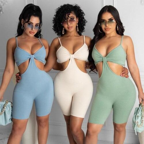 Ribbed Knitted Women Strap Playsuit Hollow Out Patchwork Bodycon Sexy Streetwear Sporty Club 2021 Summer Combishort Jumpsuit