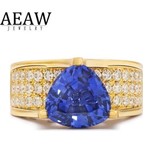 3.0carat 9x9mm Thrillion Cut Lab Created Sapphire with small Moissanite Engagement Ring Real 18k Yellow Gold for Women
