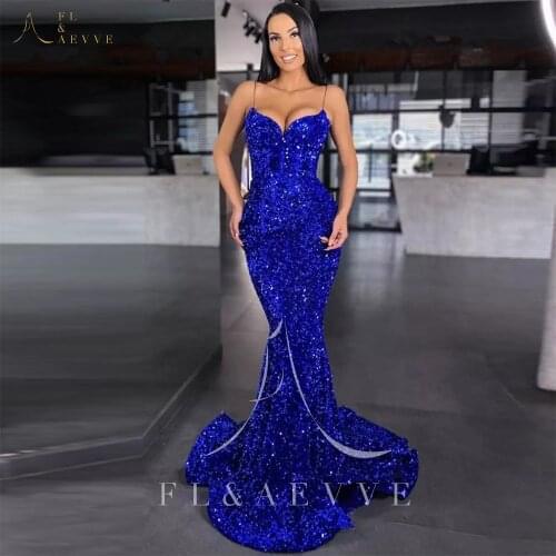 Sexy Royal Blue Sequin Spaghetti Straps Evening Dress Deep V-neck Special Occasion Prom Gowns Mermaid Formal Dresses