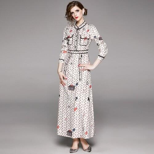 Luxury Spring Summer Fall Runway Vintage Floral Print Stand Neck Long Sleeve Women Ladies Party Casual A-Line Maxi Beach Dresses