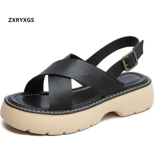 2021 New High-quality Soft Cowhide Open Toe Sandals Summer Roman Sandals Light Platform Non-slip Increase Sandals Women Shoes