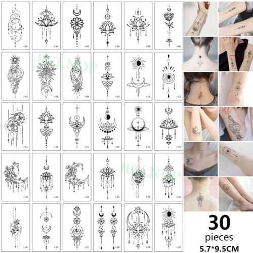 30 Pcs Waterproof Temporary Tattoo Sticker set Moon Sun Necklace Pattern Dot Mandala Flower Flash Tatoo Fake Tatto for Men Women