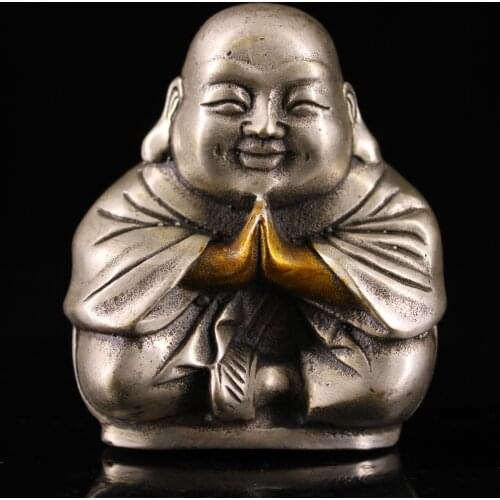 4"Chinese temple collection Old Bronze Gilt silver Boy Buddha Baby buddha Little monk Amitabha Ornaments Town House Exorcism