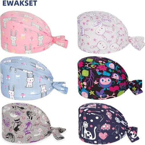 Pharmacy working cap cotton animal print with sweatband and elastic band scrub hats nurse and doctor clinical surgical hat unise