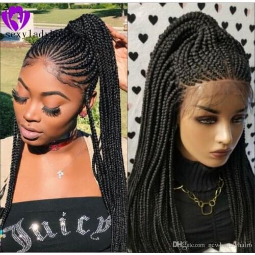 Black Color Lace Frontal Cornrow Braids Wig Micro Box Braids Wig Africa American Women Style Synthetic Braids Wig Lace Front