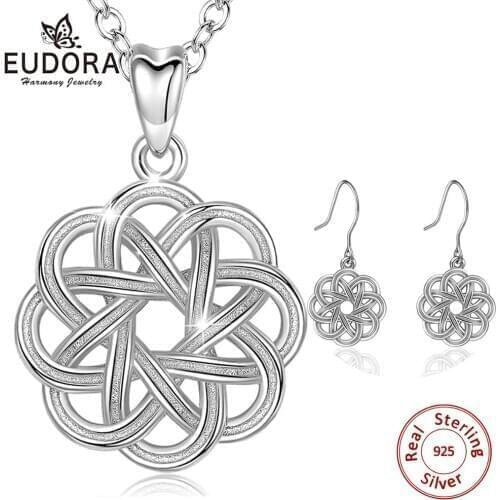 EUDORA 925 Sterling Silver Celtic Knot Flower Jewelry Set Pendant Necklace geometric Round Drop Earring Women Party Jewelry D176