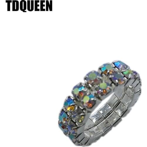 TDQUEEN Rings 2 Row AB Crystal Stretch Rings for Women Silver Plated Fashion Ring with Stone Shiny Iridescent AB Crystal Jewelry