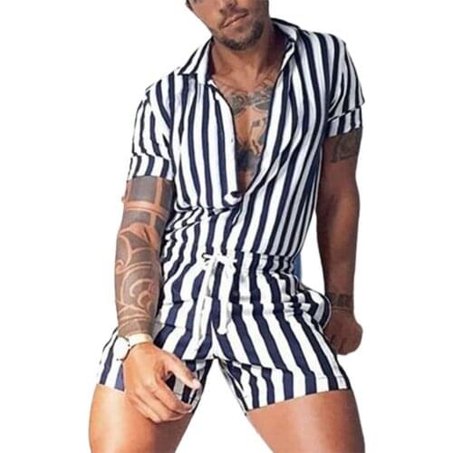Men Jumpsuit Stripe Drawstring Sexy Lapel Thin Tracksuit for Fitness jumpsuit men short sleeve Summer Men Clothing