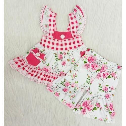 Cute fashion girl flutter ruffle top and shorts set baby girl plaid design and flower pattern outfit with pockets