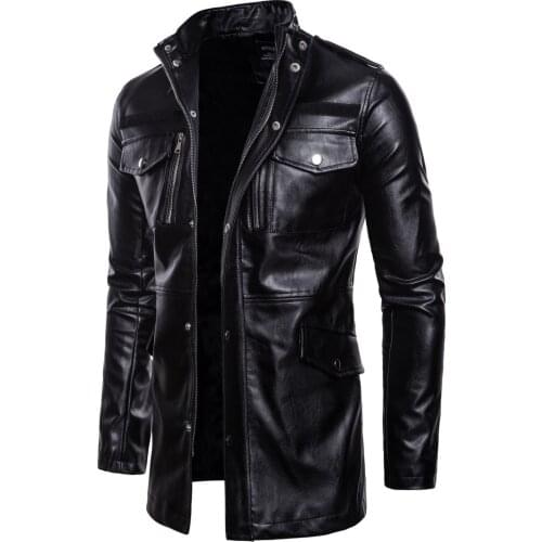 2021 brand mens jacket new foreign trade medium long leather jacket cross border collar four pocket motorcycle leather jacket