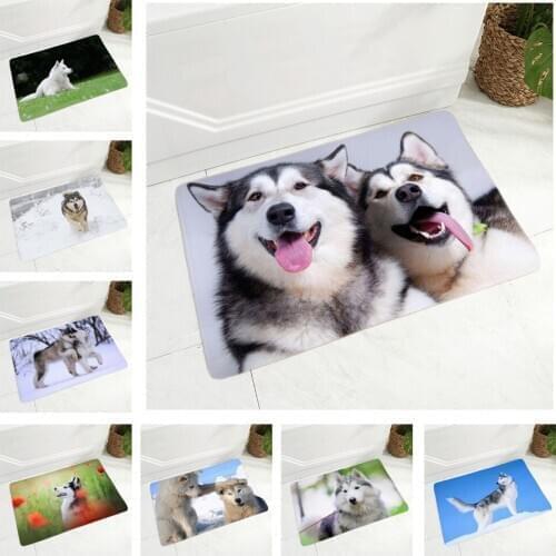 Soft Flannel Doormat Decor Siberian Husky Dog Door Mat Non-Slip Hallway Floor Mat Pet Animal Rug Carpet for Dining Room Bedroom