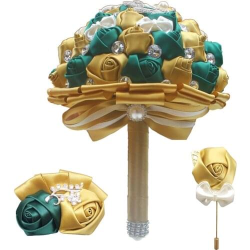 Bride Bridesmaid Bouquets Gold Silk Diamonds Ladies Wrist Corsage Suit Wedding Bouquet Party Wedding Dress Accessories W2913-T