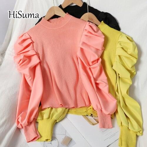 2021 spring autumn new female o-neck puff sleeve knit with chiffon fairy shirt womens chic slim knitted blouses women shirts