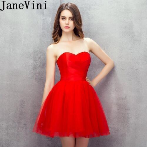 JaneVini Simple Short Red Tulle Homecoming Dress Juniors Sleeveless Mini Graduation 2019 Charms Pleat Satin Party Gowns Prom