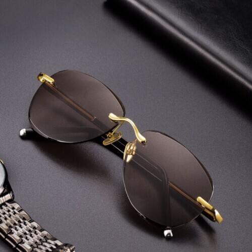 Vintage Rimless Sunglasses Women Men Glass Lens Retro Round Sun Glasses Natural Crystal Stone Lens Sunglass Goggles Brown Oculos