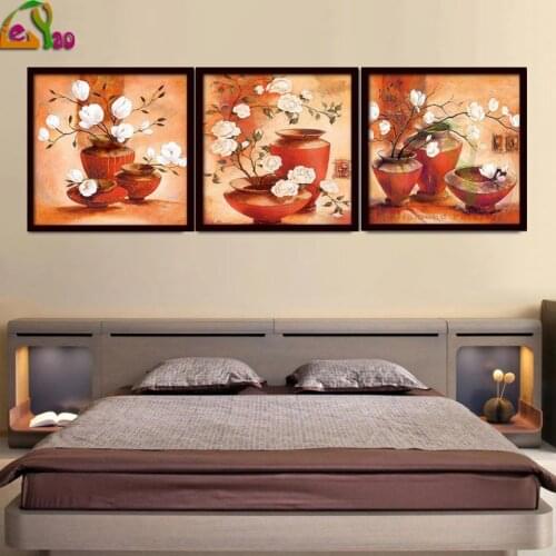 Vases With White Flower Triptych Full Square Diamond Embroidery Mosaic Diamond Painting Cross Stitch 3 pcs Still Life Home Decor