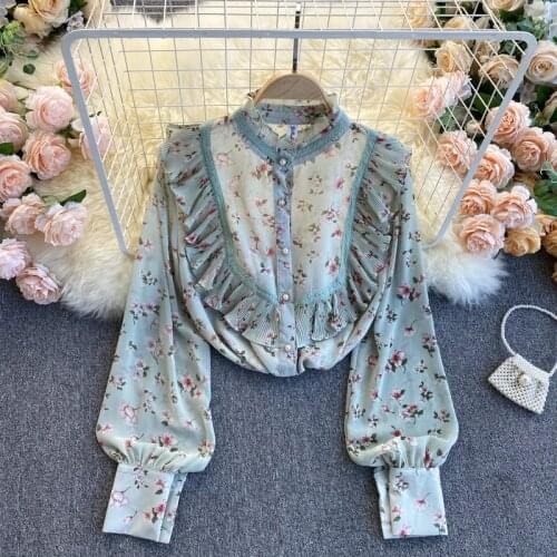 SINGREINY Women Chiffon Loose Blouse Spring O Neck Button Puff Sleeve Tops Korean Floral Print Ruffle Blouses New Style