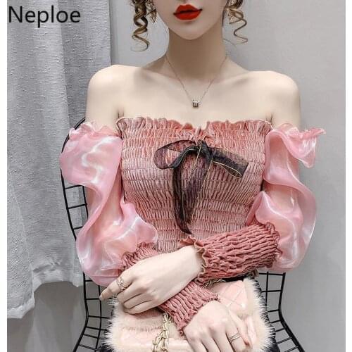 Neploe Women Crop Tops Sexy Slash Neck Puff Sleeve Pleated Blusas De Mujer Sweet Ruffles Lace Up Bow Shirts Temperament Blouse