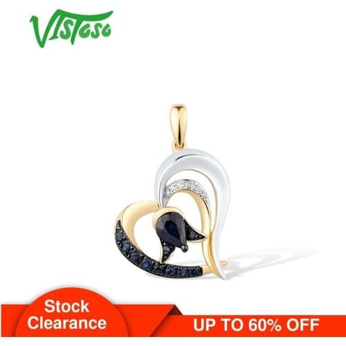 VISTOSO Gold Pendant For Women Pure 14K 585 Yellow Gold Heart Blue Sapphire Sparkling Diamond Tulip Flower Trendy Fine Jewelry