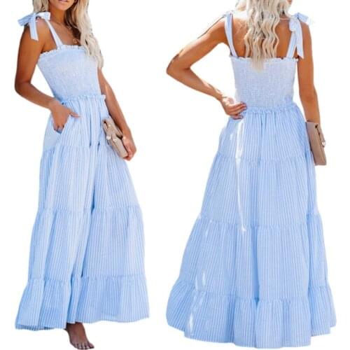Women Sleeveless Maxi Dress, Adults Summer Sexy Tie-up Striped Loose Ruffles Boat Neck Dresses