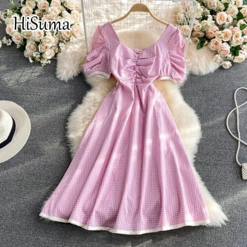 2021 summer new women plaid square collar puff sleeve chiffon A-line dress female Chic elegant lace-up waist party dresses