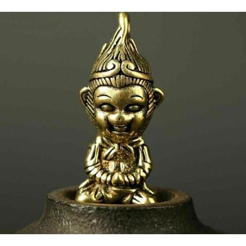 Antique Brass Monkey King Pendant Small Statue Ornament Collectible Pocket Gift