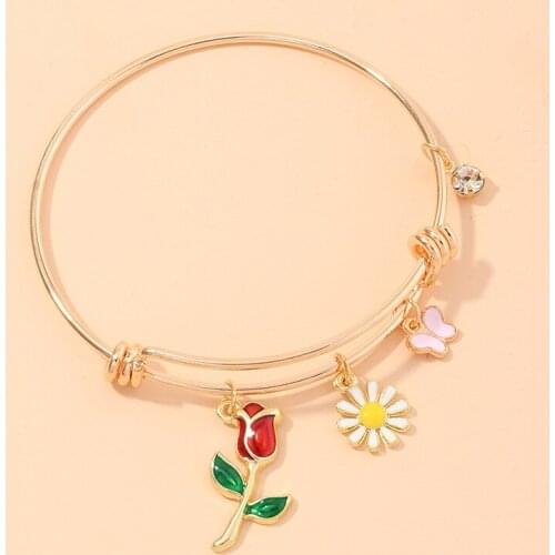 Enamel Butterfly Bees Pendant Bracelets for Women Girls Flower Daisy Charm Bangle Adjustable Bracelet Accessory