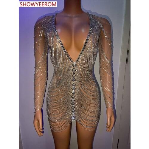 Sparkly Silver Rhinestone Mirror Elastic fabric short Dress Women Birthday Stage play Celebrate Dress Dancer Party Show Dress